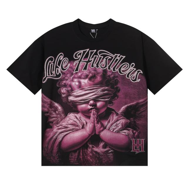 Pink Blindfolded Praying Angel Rhinestone Print Tee 3 colors 29082342