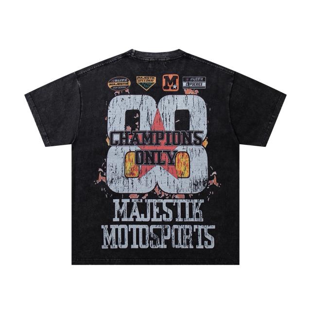 Flame Off-road Motorcycle Rhinestone Print Washed Tee 29065105