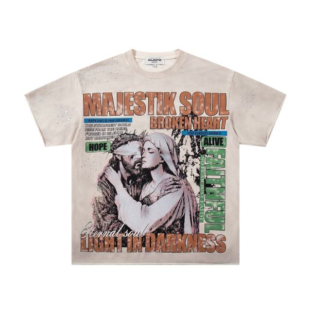 Jesus And Virgin Mary Religious Rhinestone Print Washed Tee 2 colors 29060788
