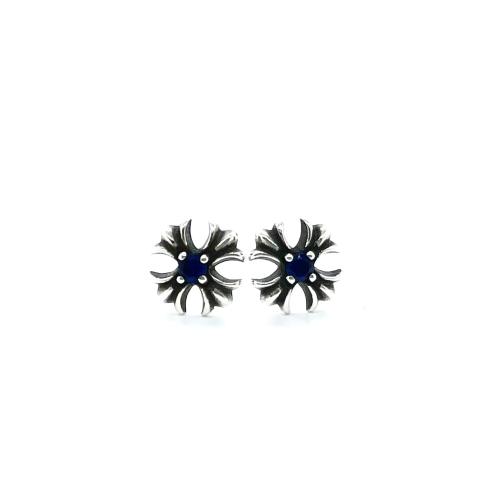 CH Solid 925 Silver Flower Stud Earrings With Central Red Ruby Gemstone Pair