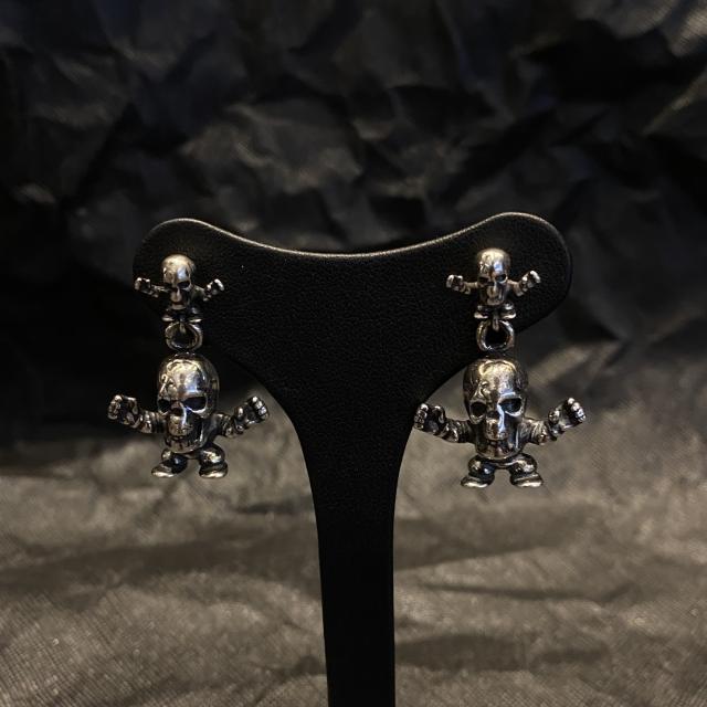 CH Solid 925 Silver Foti Skull Doll Crossbones Dangle Earrings Pair
