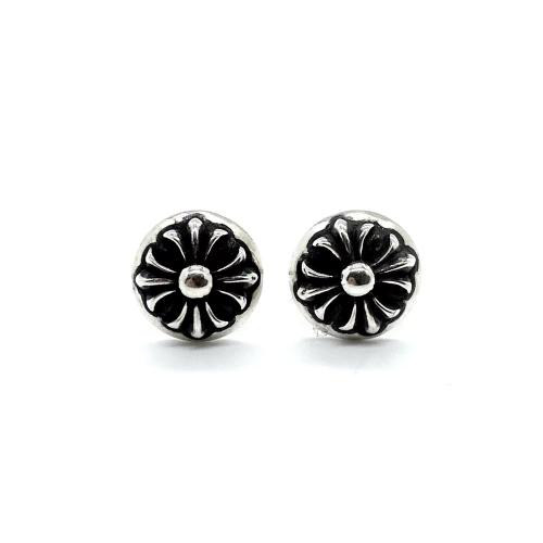 CH Solid 925 Silver Round Dome Cross Flower Solid Silver Stud Earrings Pair