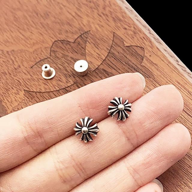 CH Solid 925 Silver Cross Flower Stud Earrings Pair