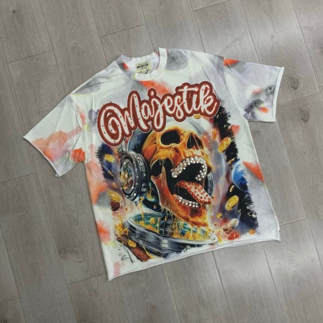 Tie-dye Space Skull Rhinestone Print Washed Tee 29064550