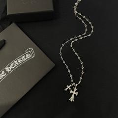 CH Pin Dog Tag Double Cross Multi Charms Necklace