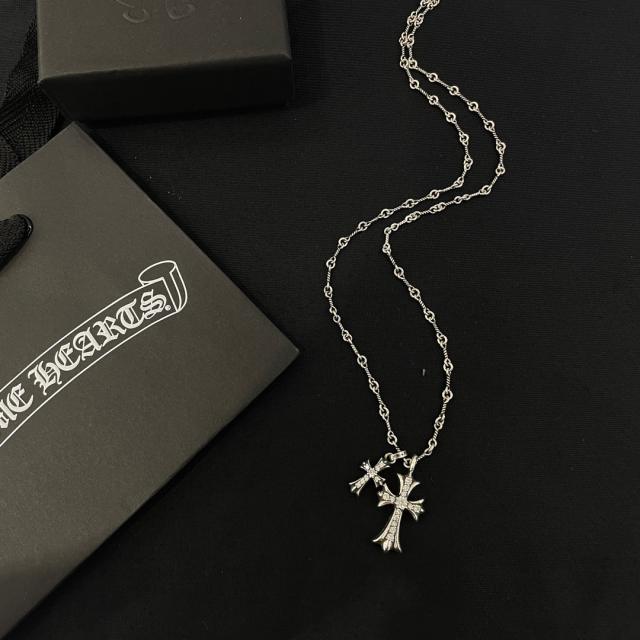 CH Pin Dog Tag Double Cross Multi Charms Necklace