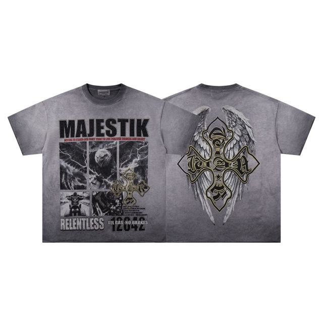 Collage Eagle Dark Cross Rhinestone Print Washed Tee 29060735