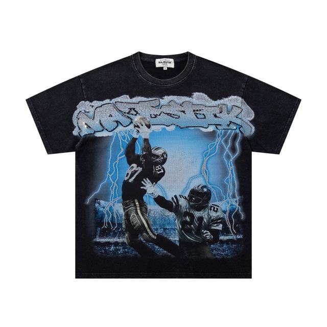 Football Catch Moment Rhinestone Print Washed Tee 29060785