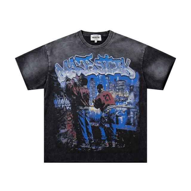 City Night View Graffiti Art Rhinestone Print Washed Tee 29060728