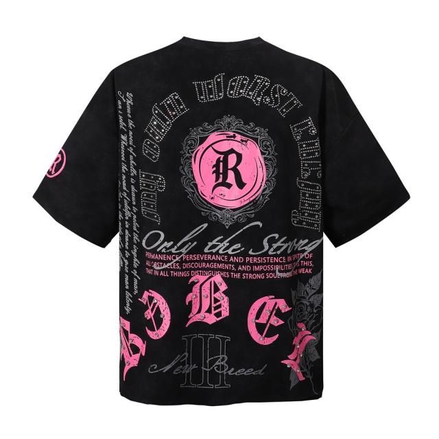 Dark High-Street Rebellious Rhinestone Print Washed Tee 11 colors 29077647