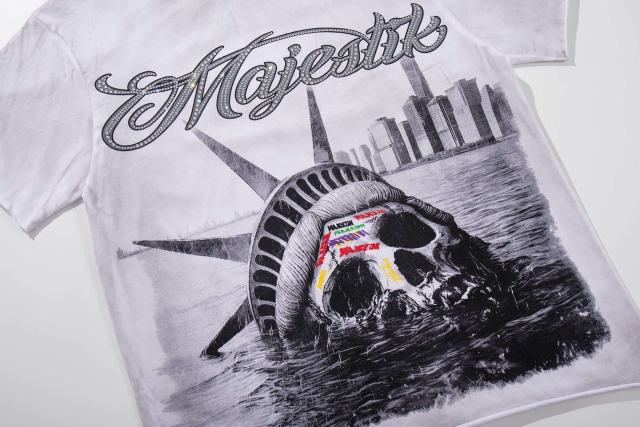 Statue Of Liberty Skull Rhinestone Print Washed Tee 29060727