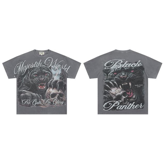 Black Panther Skull Rhinestone Print Washed Tee 29064547