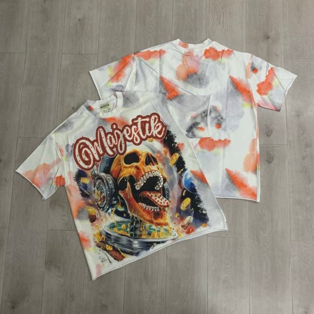 Tie-dye Space Skull Rhinestone Print Washed Tee 29064550