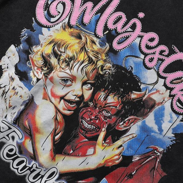 Angel Devil Friends Hotfix Rhinestone Print Washed Tee 28874488