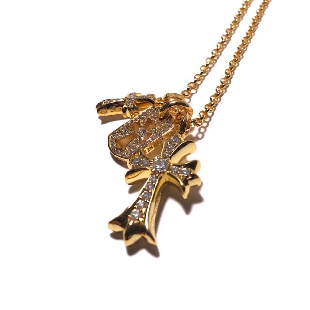 CH 22K Gold Plated Full Clear Diamond Triple Cross & Dog Tag Necklace