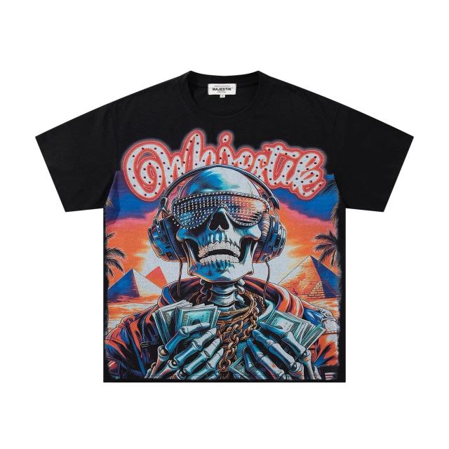 Hip Hop Skull DJ Rhinestone Print Washed Tee 29060783