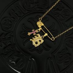 CH 18K Gold Dagger & Pink Cross Safety Pin Cable Necklace