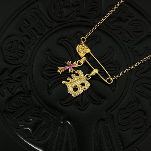 CH 18K Gold Dagger & Pink Cross Safety Pin Cable Necklace