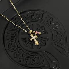 CH 22K Gold White & Pink Diamond Twin Cross Dual Charm Cable Necklace