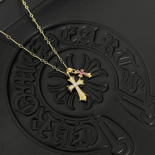 CH 22K Gold White & Pink Diamond Twin Cross Dual Charm Cable Necklace