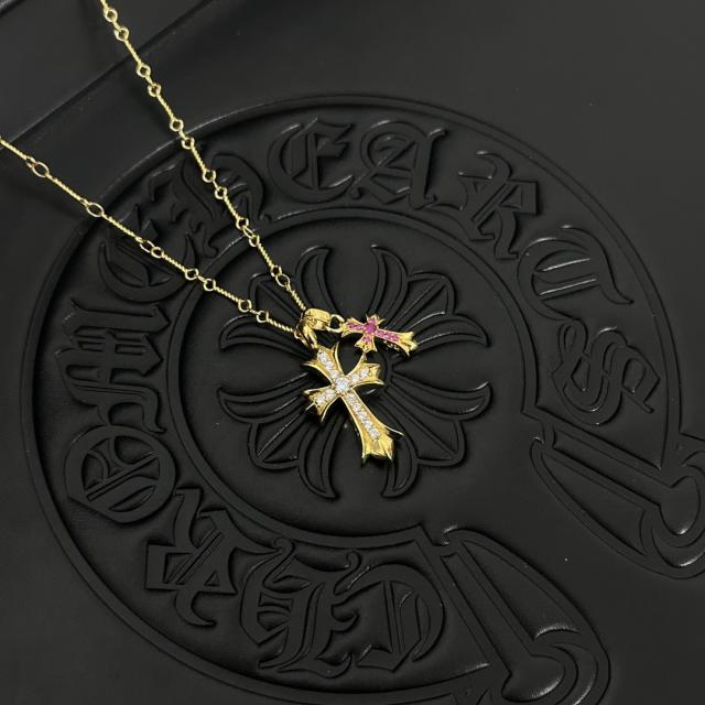 CH 22K Gold White & Pink Diamond Twin Cross Dual Charm Cable Necklace