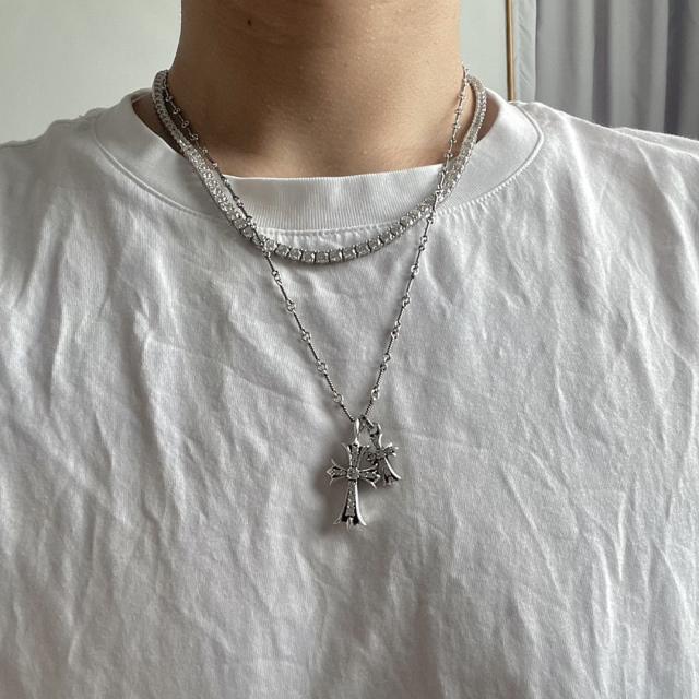 CH Clear White Diamond Twin Large & Mini Cross Twist Chain Necklace