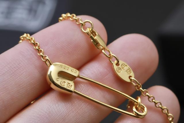 CH 18K Gold Plated Floral Cross Safety Pin Necklace