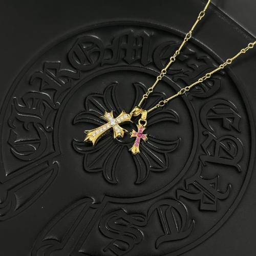 CH 22K Gold White & Pink Diamond Twin Cross Dual Charm Cable Necklace