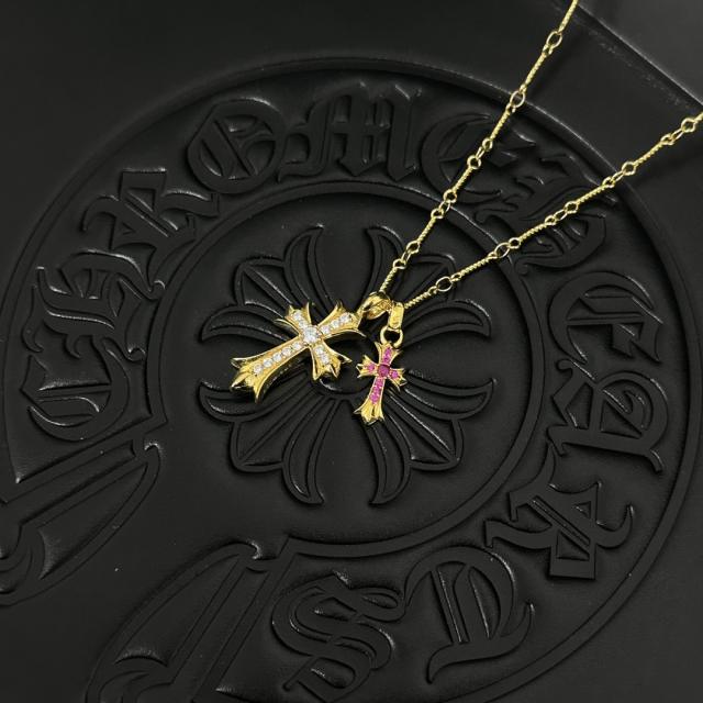 CH 22K Gold White & Pink Diamond Twin Cross Dual Charm Cable Necklace