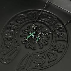 CH Matte Black Emerald Twin Cross Safety Pin Cable Necklace