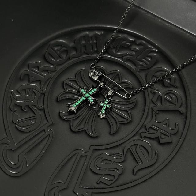 CH Matte Black Emerald Twin Cross Safety Pin Cable Necklace