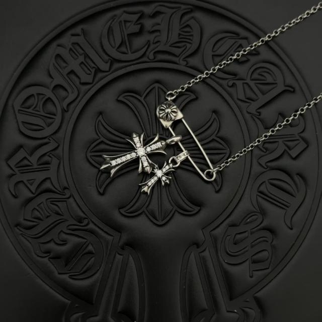 CH White Diamond Twin Cross Safety Pin Cable Link Necklace