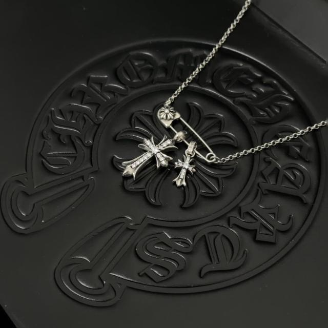 CH White Diamond Twin Cross Safety Pin Cable Link Necklace