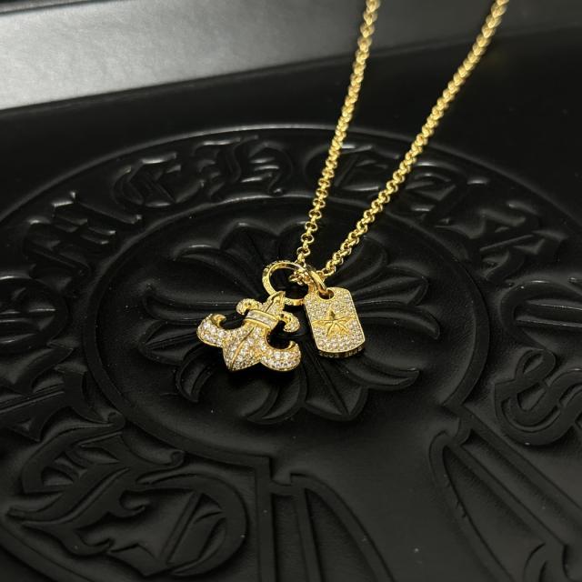 CH 18K Gold Diamond Fleur-de-lis Star Tag Dual Charm Cable Necklace