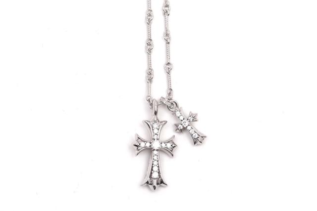 CH 18K Gold Plated White Diamond Twin Cross Twist Chain Necklace 55cm
