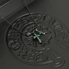 CH Matte Black Emerald Twin Cross Safety Pin Cable Necklace