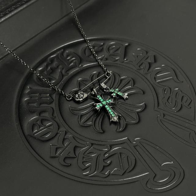 CH Matte Black Emerald Twin Cross Safety Pin Cable Necklace