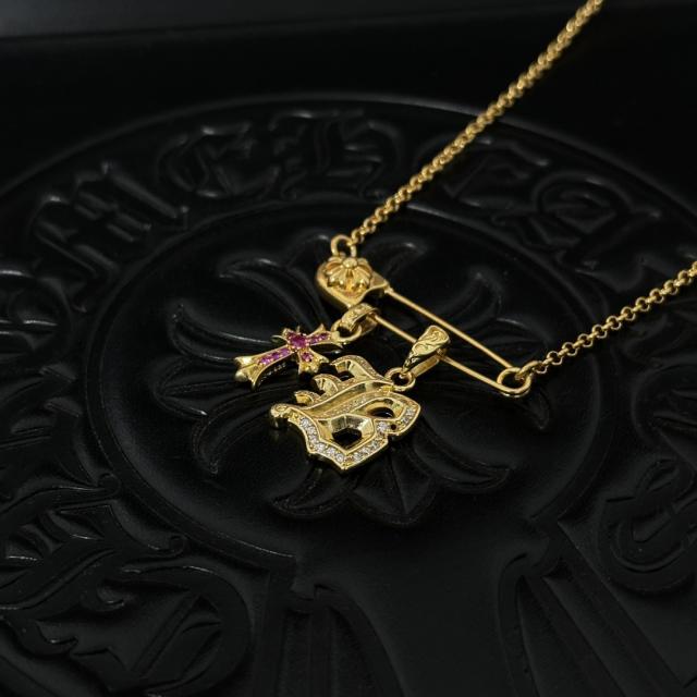 CH 18K Gold Dagger & Pink Cross Safety Pin Cable Necklace
