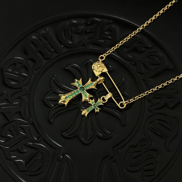 CH 18K Gold Emerald Twin Cross Safety Pin Cable Necklace