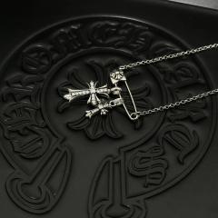 CH Vintage White Diamond Twin Cross Safety Pin Cable Necklace