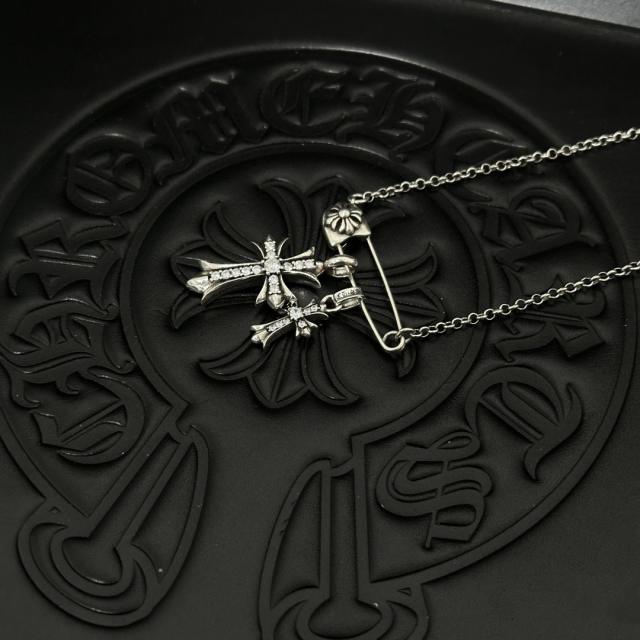 CH Vintage White Diamond Twin Cross Safety Pin Cable Necklace
