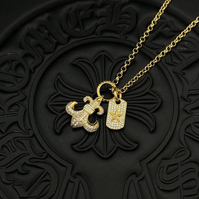CH 18K Gold Diamond Fleur-de-lis Star Tag Dual Charm Cable Necklace