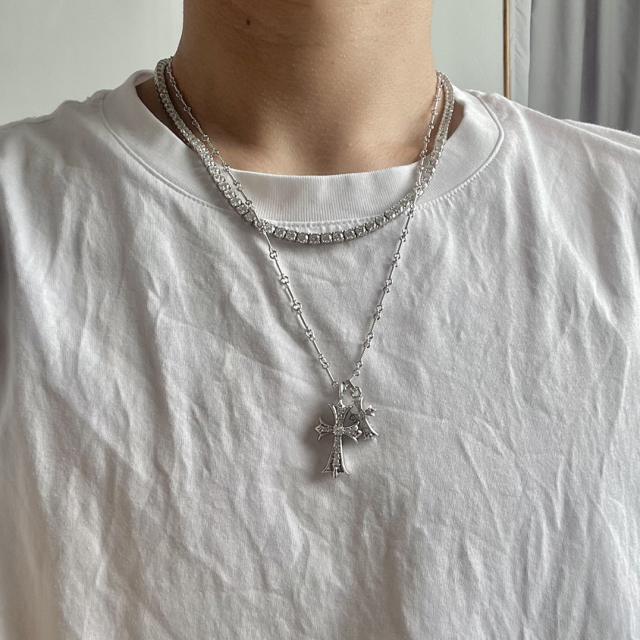 CH 18K Gold Plated White Diamond Twin Cross Twist Chain Necklace 55cm