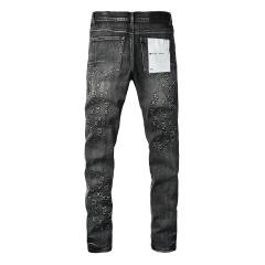 1:1 PURPLE BRΑND Black Grey Wash All Over Cross Embroidery Slim Jeans