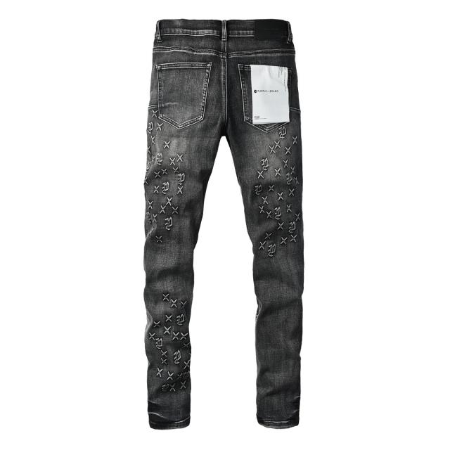 1:1 PURPLE BRΑND Black Grey Wash All Over Cross Embroidery Slim Jeans