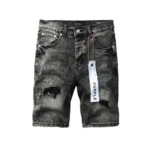 1:1 Quality PURPLE BRΑND Black Grey Wash Rip Rhinestone Denim Jort Shorts