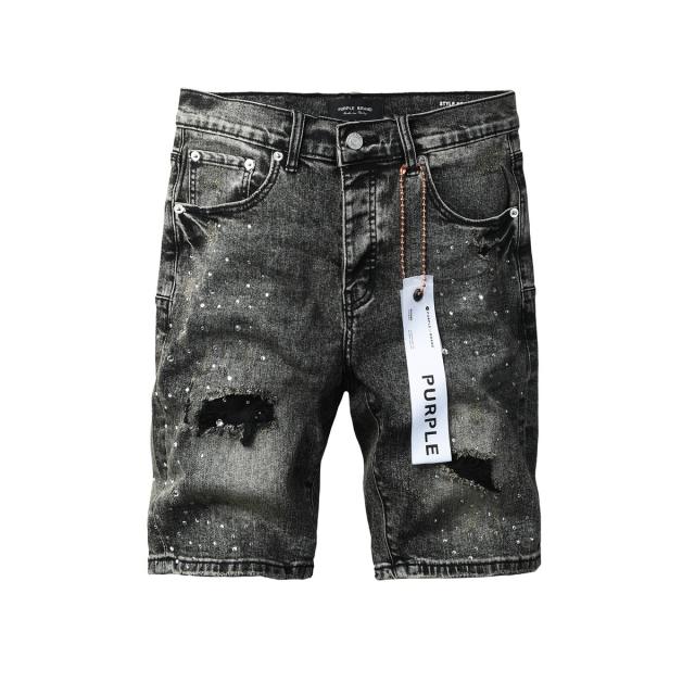 1:1 Quality PURPLE BRΑND Black Grey Wash Rip Rhinestone Denim Jort Shorts
