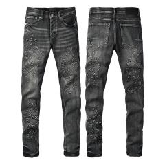 1:1 PURPLE BRΑND Black Grey Wash All Over Cross Embroidery Slim Jeans