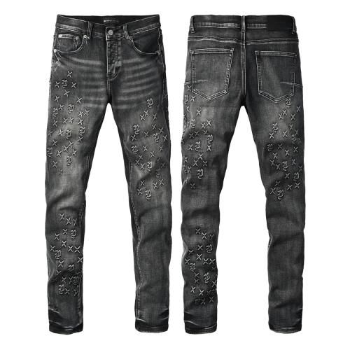 1:1 PURPLE BRΑND Black Grey Wash All Over Cross Embroidery Slim Jeans