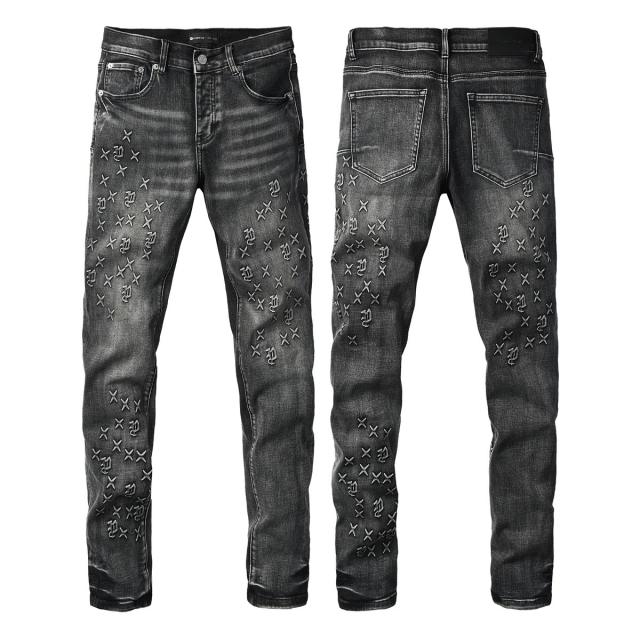 1:1 PURPLE BRΑND Black Grey Wash All Over Cross Embroidery Slim Jeans